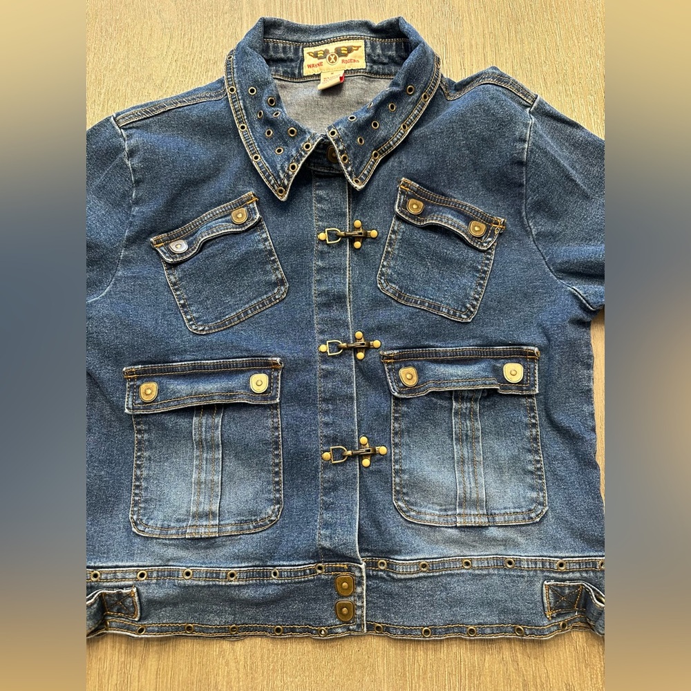 Wayne Rogers Denim Jacket Medium Eagle Back Grommet Toggle Moto Western Y2K - Picture 3 of 7